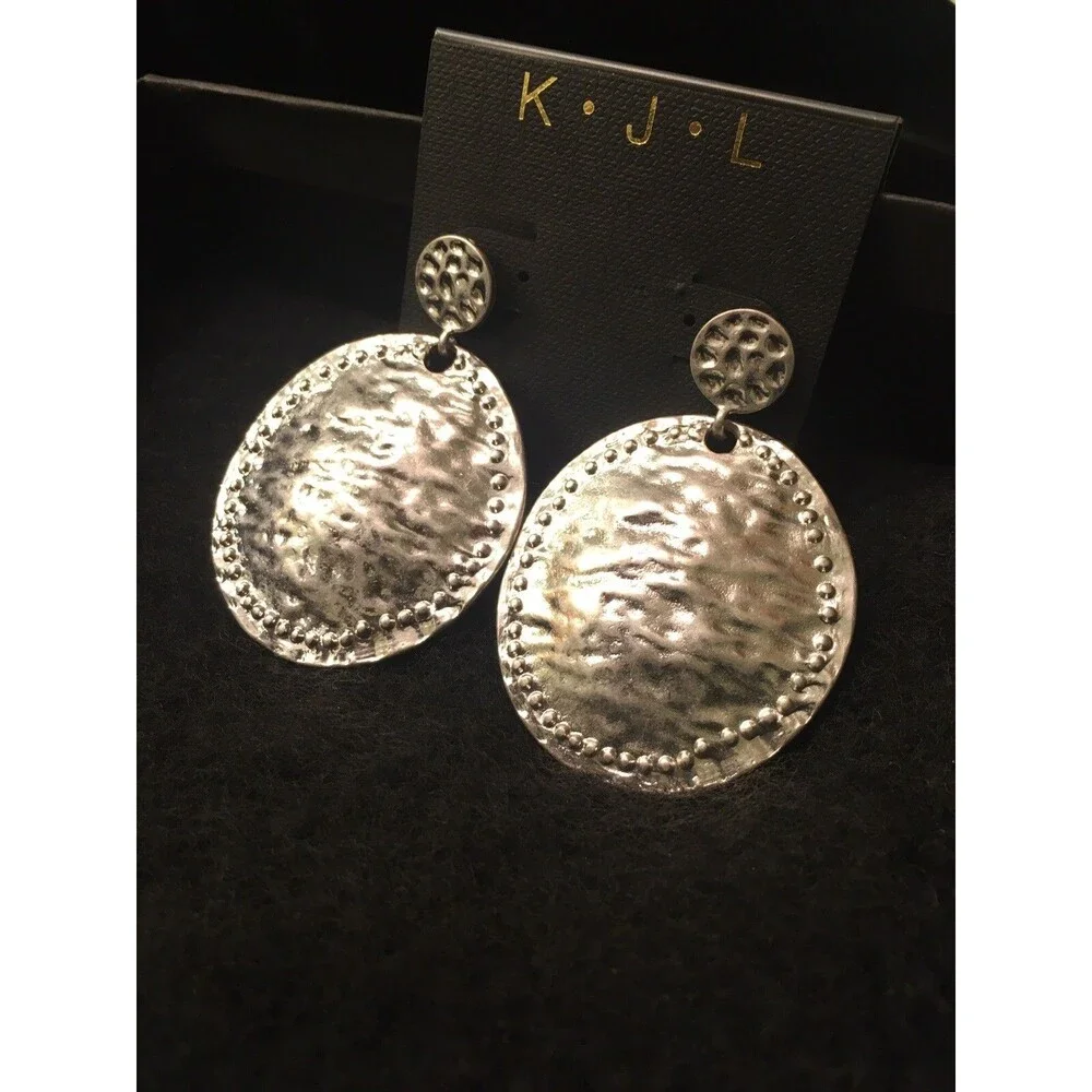 Kenneth Jay Lane Silver Rhodium Plated Disc Dangle Drop Stud Earrings 2.5